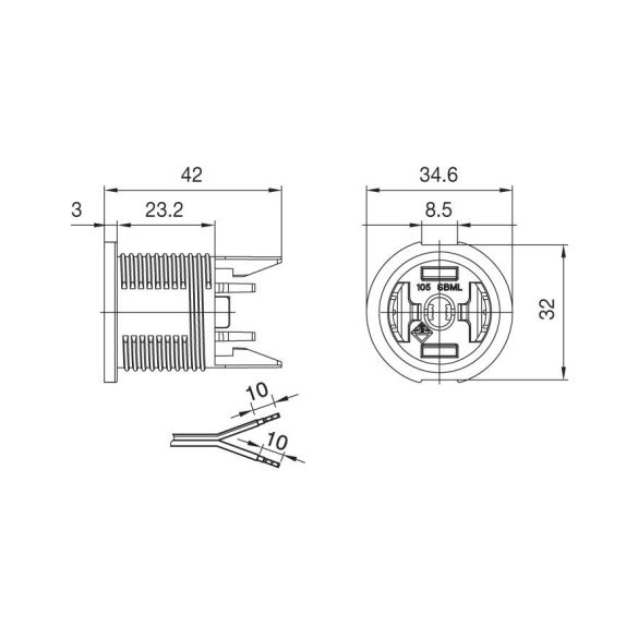E-14 Foglalat sapka talpas, külső menetes rögzítéssel, beépített tehermentesítővel egyrészes foglalatokhoz. 